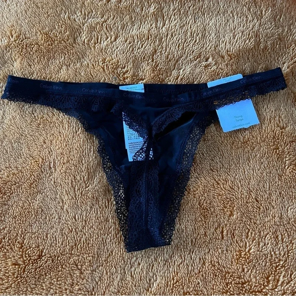 🛍️ Calvin Klein Women Black Lace Thong‎ Tanga Panty Cotton Underwear S/P/CH NEW